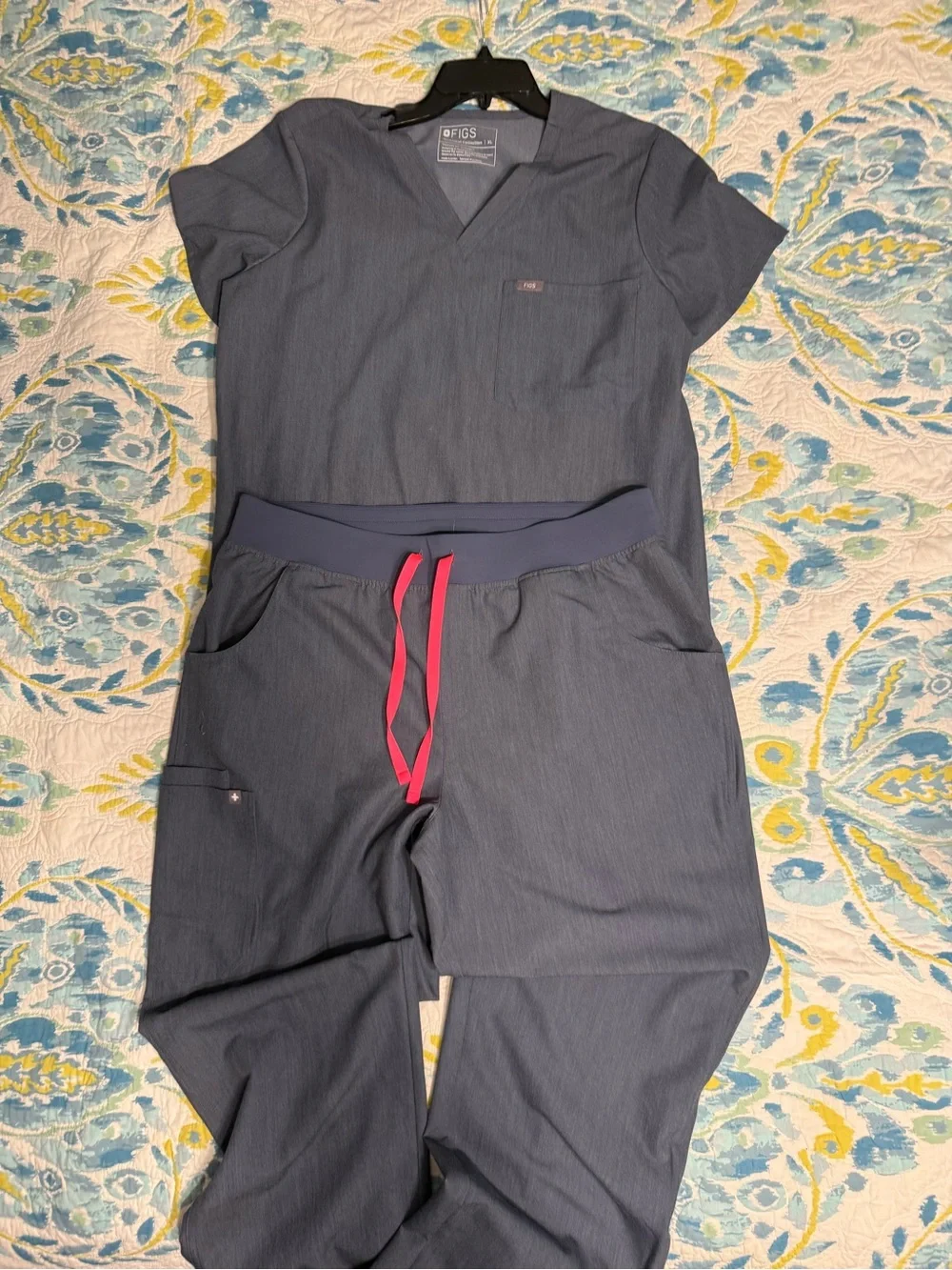Figs Slate Blue Scrub Set with Pink Drawstring